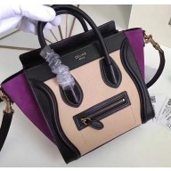 Celine Nano Luggage Bag in Original Black/Drummed Beige/Suede Purple with Removable Shoulder Strap