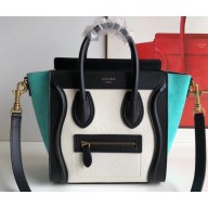 Celine Nano Luggage Bag in Original Black/Drummed White/Suede Turquoise with Removable Shoulder Strap