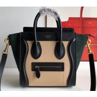 Celine Nano Luggage Bag in Original Black/Drummed Beige/Suede Dark Green with Removable Shoulder Strap