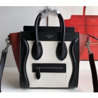 Celine Nano Luggage Bag in Original Black/Drummed White/Caramel with Removable Shoulder Strap
