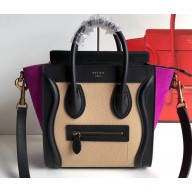 Celine Nano Luggage Bag in Original Black/Drummed Beige/Suede Light Purple with Removable Shoulder Strap