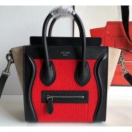 Celine Nano Luggage Bag in Original Black/Drummed Red/Suede Beige with Removable Shoulder Strap