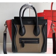 Celine Nano Luggage Bag in Original Black/Drummed Beige/Suede Rouge Red with Removable Shoulder Strap