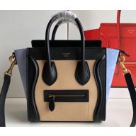 Celine Nano Luggage Bag in Original Black/Drummed Beige/Suede Sky Blue with Removable Shoulder Strap