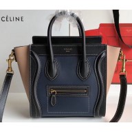Celine Nano Luggage Bag in Original Smooth Calfskin Black/Navy Blue/Beige with Removable Shoulder Strap