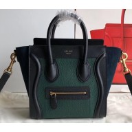 Celine Nano Luggage Bag in Original Black/Drummed Green/Suede Blue with Removable Shoulder Strap
