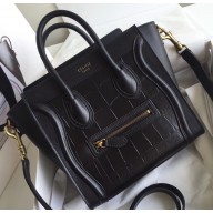 Celine Nano Luggage Bag in Original Black/Croco Pattern with Removable Shoulder Strap