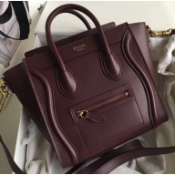 Celine Nano Luggage Bag in Original Smooth Calfskin Burgundy with Removable Shoulder Strap