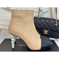 CHANEL pearl heel logo boots beige 2023