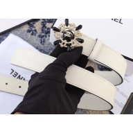 Chanel Width 3cm Crystal and Pearl Flower Buckle Leather Belt White