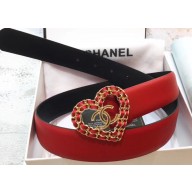 Chanel Width 3cm Chain Heart CC Logo Buckle Leather Belt Red