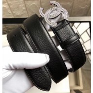 Chanel Width 3cm Crystal CC Logo Buckle Leather Belt Grained Black/Silver