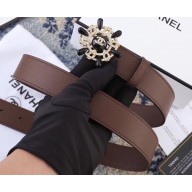 Chanel Width 3cm Crystal and Pearl Flower Buckle Leather Belt Coffee