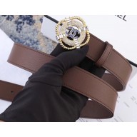 Chanel Width 3cm Crystal Square Buckle Leather Belt Coffee