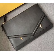 Fendi Bag Bugs Eyes Slim Zippered Pouch Clutch Bag Leather Black 2019