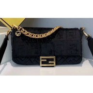 Fendi Velvet Embossed FF Motif Baguette Large Bag Black 2019