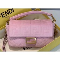 Fendi Velvet Embossed FF Motif Baguette Medium Bag Pink 2019