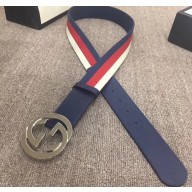 Gucci Width 4cm Sylvie Web and Leather Belt Blue with Interlocking G Buckle