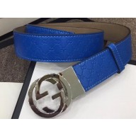 Gucci Width 4cm Signature Leather Belt Blue with Interlocking G Buckle