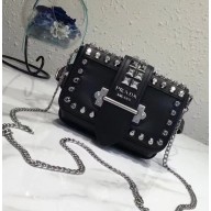 Prada Cahier Studded Calf Leather Bag 1BD045 Black/Silver 2018