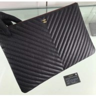 Chanel Classic Pouch Clutch Large Bag A82552 Chevron Caviar Leather Black/Gold