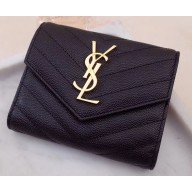 Saint Laurent Monogram Compact Tri Fold Wallet in Grained Embossed Leather 403943 Black/Gold