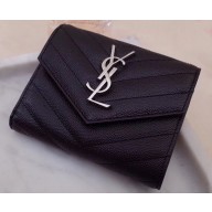 Saint Laurent Monogram Compact Tri Fold Wallet in Grained Embossed Leather 403943 Black/Silver