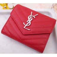 Saint Laurent Monogram Compact Tri Fold Wallet in Grained Embossed Leather 403943 Red/Silver