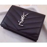 Saint Laurent Monogram Card Case in Grained Embossed Leather 530841 Black/Silver