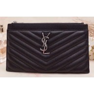 Saint Laurent Monogram Bill Pouch Bag in Grained Embossed Leather 504922 Black/Silver