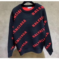 Balenciaga Jacquard All Over Logo Crewneck Sweater Dark Blue/Red 2019
