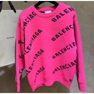 Balenciaga Jacquard All Over Logo Crewneck Sweater Fuchsia 2019