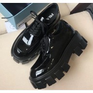 Prada Heel 6cm Patent Leather Derby Lace-ups Shoes Black 2019