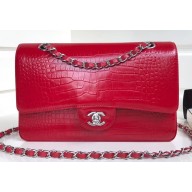 Chanel Croco Pattern Classic Flap Medium Bag Red