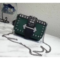 Prada Cahier Studded Calf Leather Bag 1BL004 Black/Green 2018