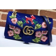 Gucci GG Marmont Small Matelassé Shoulder Bag 443497 Embroidered Velvet Blue