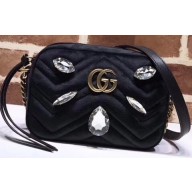 Gucci GG Marmont Mini Matelassé Shoulder Camera Bag 448065 Velvet Crystals Black