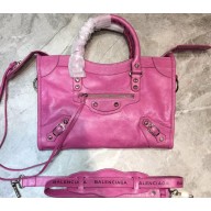 Balenciaga Classic City Small Bag with Logo Strap Fuchsia