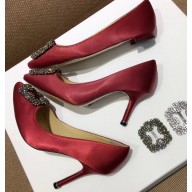 Manolo Blahnik Hangisi Satin Jewel Buckle Flats/Pumps Dark Red