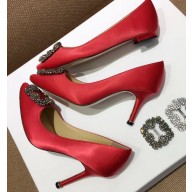 Manolo Blahnik Hangisi Satin Jewel Buckle Flats/Pumps Red