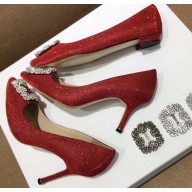 Manolo Blahnik Hangisi Glitter Fabric Jewel Buckle Flats/Pumps Red