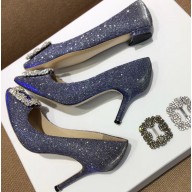 Manolo Blahnik Hangisi Glitter Fabric Jewel Buckle Flats/Pumps Dark Gray