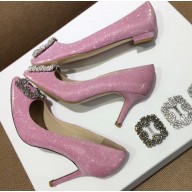 Manolo Blahnik Hangisi Glitter Fabric Jewel Buckle Flats/Pumps Pink