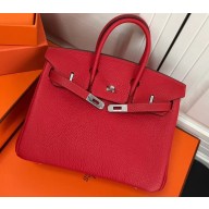 Hermes Birkin 25cm Bag Red in Togo Leather With Silver Hardware