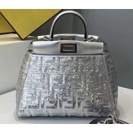 Fendi All-Over FF Motif Prints On Leather Peekaboo Iconic Mini Bag Sequins Silver 2019
