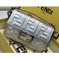 Fendi All-Over FF Motif Leather Mini Baguette Bag Silver 2019 