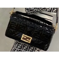 Fendi All-Over FF Motif Leather Large Baguette Bag Vinyl Glossy Black 2019