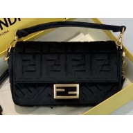 Fendi Velvet Embossed FF Motif Baguette Medium Bag Black 2019