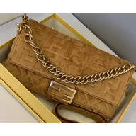 Fendi Velvet Embossed FF Motif Baguette Large Bag Brown 2019