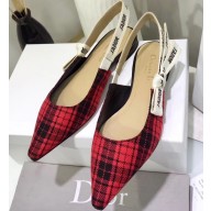 Dior Heel 1.5cm J'Adior Slingback Ballet Flats in Tartan Fabric Black/Red 2020